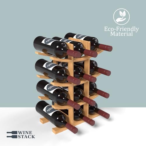 12 Bottle Bamboo Small Wine Rack for Countertop, No Tools Assembly, Modern Lattice Design, Durable, Wine and Liquor Bottle Storage for Small Spaces