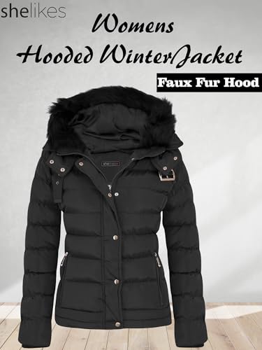 shelikes Womens Hooded Winter Jacket Quilted Padded Warm Coat Parka Jacket With Faux Fur Hood & Zip Pocket