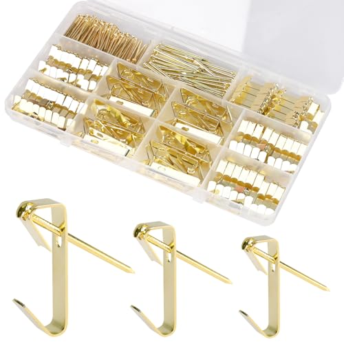 Image of Picture Hanging Hooks 210 Pieces,20lb, 30lb, and 50lb Picture Hangers ,Nails Hanging Kit, Metal Picture Hangers for Drywall Wooden Wall,Gold