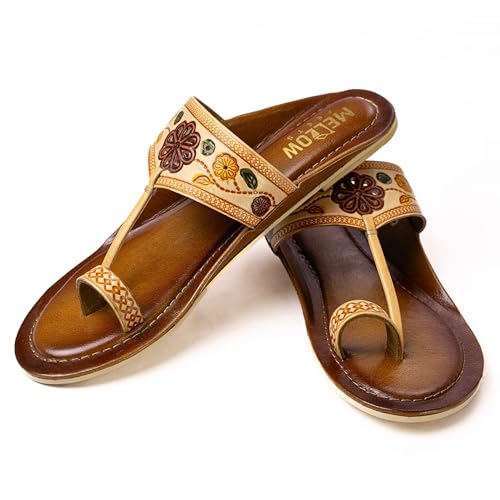 Image of Women Ladies Kolhapuri Genuine Leather Chappal Flats - Slip on Traditional Handcrafted Ethnic and Casual Toe Ring Sandals