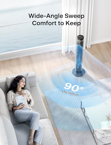 Image of Pelonis 42-Inch Tower Fan for bedroom, Standing Fan with 90 Oscillation, 28ft /s, 5 Speeds & 4 Modes, Eco Mode, 12H Timer, 23dB Quiet, Remote Control, Easy Assembly, LED Display
