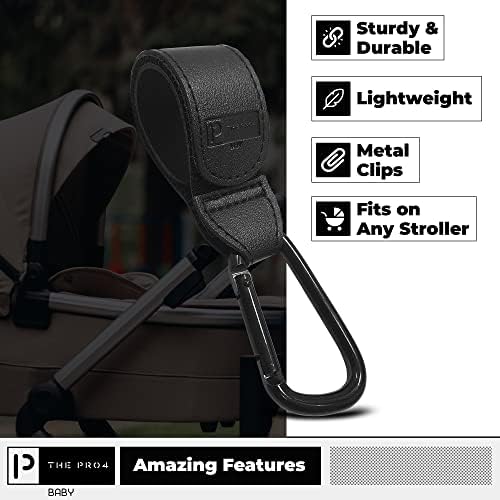 The Pro4 Baby Buggy Clips Stroller Hooks - Hang Your Shopping Bags - 2 Pack Leather Style Straps & Carabiner Clip - Suits Every Stroller Pram or Buggy - Heavy Duty Holds 5kg per Hook - Gift Idea