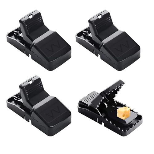 FIHODONE 4 Stück Mausefalle, Wiederverwendbar Mäusefalle mit Abnehmbarer Köderschale, Rattenfalle Starke Bisskraft, Schwarz Mausefalle Schlagfalle für Drinnen und Draußen Mouse Trap