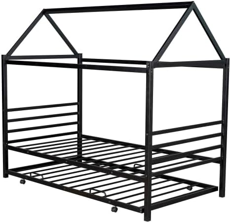 Miniatura 4 de AnwickNomo Moderna base de cama Montessori de metal individual con cama nido, cama individual con plataforma de metal en forma de casa, literas