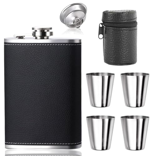 AMSNINK 304 Flachmann 220ml Mit Trichter Und 4 Kleine Tassen, Edelstahl, Mit Becher, Auslaufsicher Für Wandern Und Party