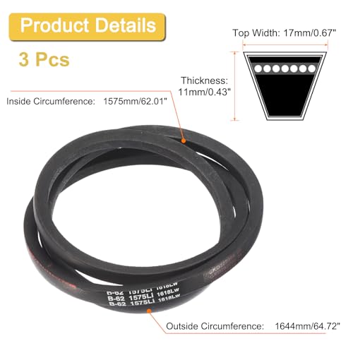 Image of uxcell 3 Pack B62 Classic Wrapped V-Belt, 65 inch Outside Circumference Wrapped Industrial Rubber V-Belt B Profile V-Belt for Industrial Machinery Equipment, Black