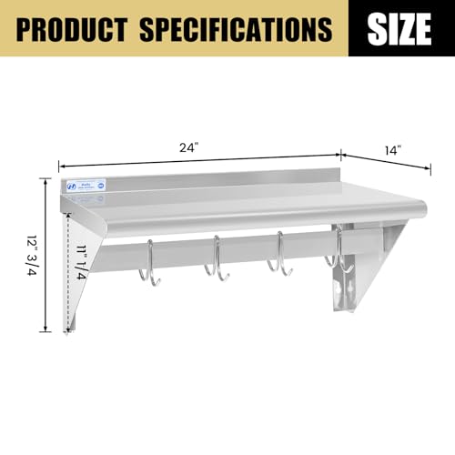 Image of Hally Stainless Steel Shelf with 4 Hooks 14 inch x 24 inch Wall Mounted Pot Rack 250lb, NSF Commercial Floating Shelving for Storage Hanging Pots, Pans, cookware in Restaurant, Kitchen, Home and Hotel