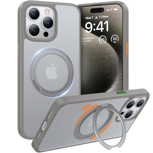TORRAS 360°Rotatable Magnetic Ring for iPhone 15 Pro Max Case, Compatible with MagSafe with Stand & Ring Holder, Military Grade Shockproof Translucent Back Phone Case Ostand R, Light Grey Titanium