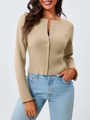 Image of Saodimallsu Womens Cropped Sweaters Cardigan | Button Down,Long Sleeve,V Neck,Ribbed Knit,Slim Fit ,Pullover Crop Tops