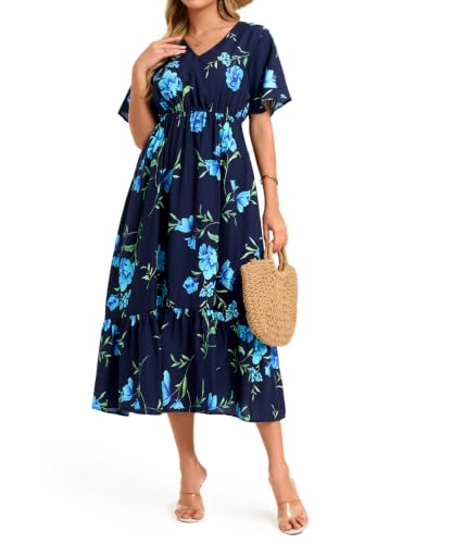 Image of Women's Summer Short Sleeve Maxi Floral Flowy Dresses with Pockets