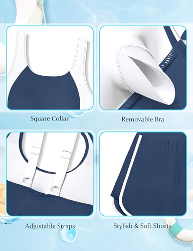 Image of Girls Swimsuit One Piece Swimsuits Color Block Bathing Suit for Girls Adjustable Strap Padded Swimwear with Shorts