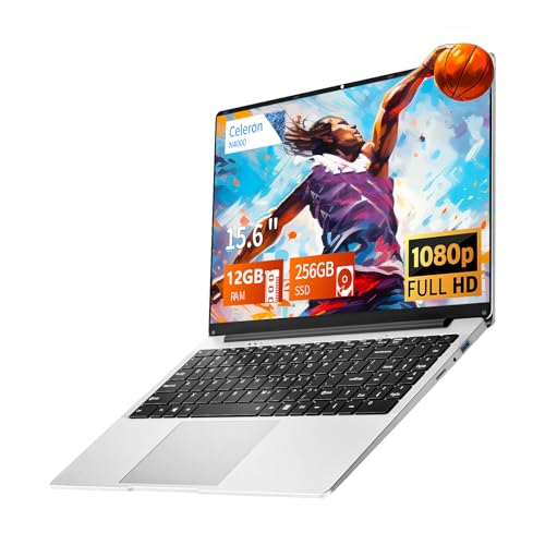Laptop para juegos, portátiles tradicionales de 15.6 pulgadas N4000, laptop con 12 GB de RAM, SSD de 256 GB, netbook ligero delgado WiFi5 Mini HDMI 180 apertura en ángulo BT5.0, USB 3.0, portátil
