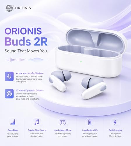 Image of ORIONIS Buds 2R Earbuds with 12.4mm Dynamic Drivers, 4-Mic AI ENC, Bluetooth 5.4, 38H Playback, Fast Charging, Low Latency Gaming & IP55 Water Resistance (White)