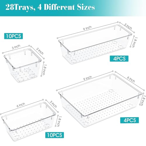 28 PCS Clear Plastic Drawer Organizers Set, 4 Size Desk Drawer Organizer Trays for Makeup, Jewelry, Kitchen Utensils, Gadgets and Office Accessories - Image 3
