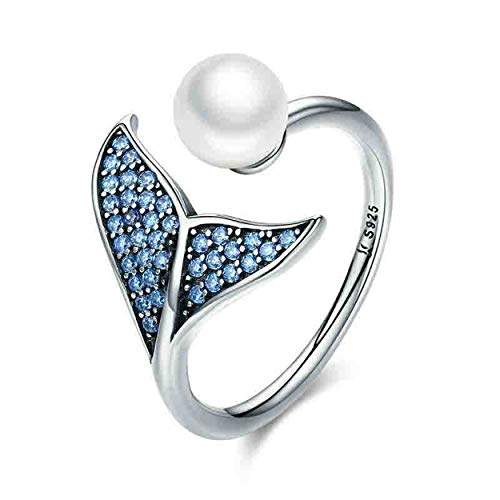 Losenlli Silver & Pearl The Tail of Mermaid Anillos Ajustables para Mujer Regalo de joyería de Plata S925