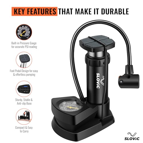 Image of Slovic Cycle Pump for Bicycle with Meter | Foot Air Pump for Car Tyre, Bike, Basketbal, Football Pump, | Cycle Accessories for Bicycle | Easy to Carry & Store