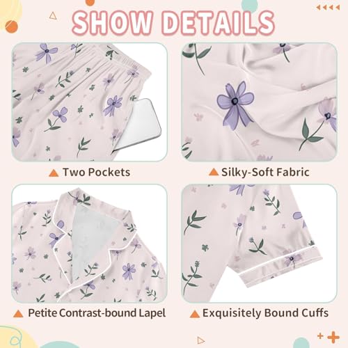 Purple Floral Bows Pajamas Set Summer Button Down Sleepwear Pjs Sets Comfy Loungewear3