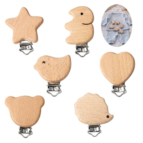 6 Stück Holz Clips Natur Holzclip mit Metallverschluss DIY Bastelclip mit Tiermotiven geeignet für Textilien Taschen und Handarbeiten