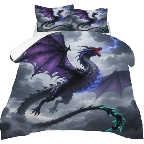 Image of 3D Dragon Comforter Set Full Size Lightning Dragon Animal Bedding Sets for Girls Boys Kids Adults Bedroom Decor Thunder Magical Beast Quilt 1 Comforter 2 Pillowcases