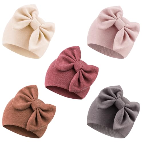 Image of AQOKKA Newborn Baby Girl Hats with Bow Cotton Toddler Infant Beanie Cap Newborn Hospital Hats for Baby Girl Kid 0-24 Months