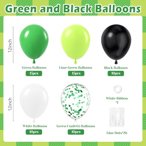Image of 12inch Green and Black Balloons with White Lime Green Confetti Balloons | Football Theme, Baby Shower, Video Game, Birthday Party Decorations