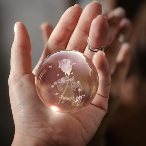 Image of STARKENDY 3D Rose Crystal Ball LED Night Lamp, Creative Engraved Night Light Wooden Base, Warm White Decorative Table Lamp for Home, Office, Bedroom, Birthday Gift