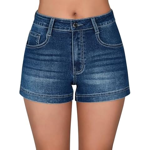 roswear Women's Casual Summer High Waisted Basic Jean Shorts Stretchy Denim Shorts Blue Large Cover