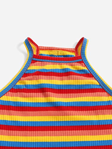 Image of SHENHE Girl's Rainbow Striped Sleeveless Ribbed Knit Halter Cami Tank Crop Tops Red Multicolored 14Y