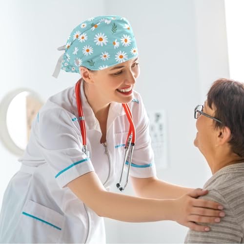 Image of Butterfly Scrub Cap Women with Ponytail & Buttons Adjustable Surgical Nurse Hat with Cotton Sweatband for Long Hair