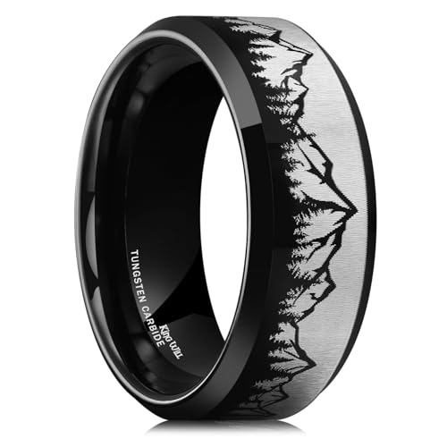 King Will Mens 6mm 8mm Black Silver Tungsten Carbide Wedding Bands Inlay Lasered Seagull/Forest Landscap/Panda/Deer/Hunting/Fly Fishing Brushed Wedding Rings for Men Women