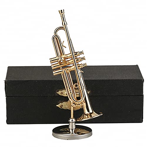Dselvgvu - Trompeta en miniatura con soporte y estuche de latón, mini instrumento musical, réplica de...
