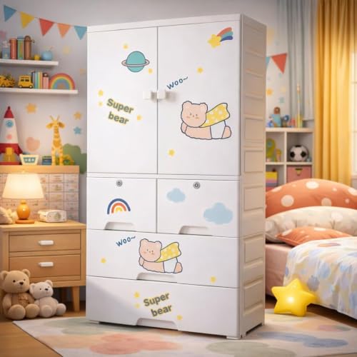 Image of Kids Plastic Collapsible Wardrobe Organizer for Storage with Drawers | Cute Cartoon Design | Heavy Duty Runner Rug Floor Mat Carpets Organizer Bedroom, Living Room (HSM-Bear, 1+4-Door)