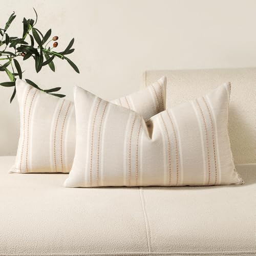 Image of Hckot Throw Pillow Covers 12x20 Set of 2 Striped Pillow Covers Textured Linen Decorative Pillows Lumbar Cushion Covers for Sofa Couch Bed Living Room Farmhouse Decor, Khaki