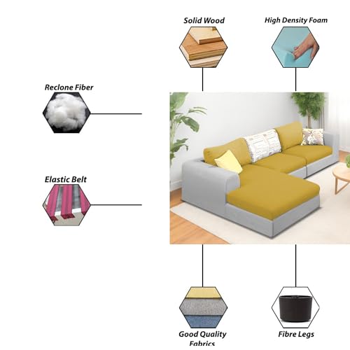 Image of Koza LHS 4 Seater L Shape Sofa Set for Living Room (Yellow Grey Fabric) Premium Fabric Sofa