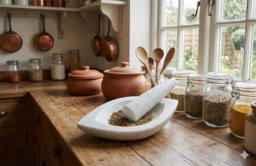 Image of Marble Mortar and Pestle Set Stone Big Size, Kharal, Khalbatta, Kundi, Okhli, Musal, Imamdasta, Silbatta, Idikkalu, Kitchen tool for Grinding Herbs Marble Masher (WHITE, SMALL)