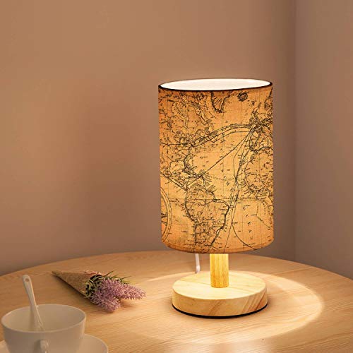 Rainfallaring Minimalist Bedside Table Lamp Old Map Of The World Solid Wood Nightstand Lamp Bedside Desk Lamp Wood Base Flaxen Fabric Shade For Bedroom Living Room #TOP2