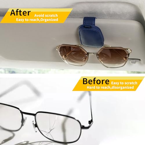 Image of Yuoyar 2 Packs Sunglasses Holders for Car Visor - Magnetic Leather Sunglasses Holder and Ticket Card Clip - Car Visor Accessories (Blue)