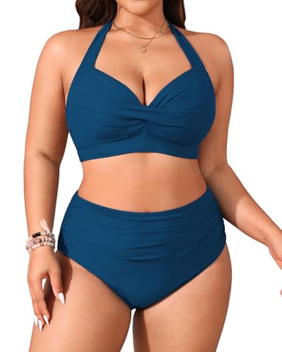 Image of Tempt Me Women Two Piece Swimsuit High Waisted Bikini Halter Vintage Retro Bathing Suit Push up Swimwear