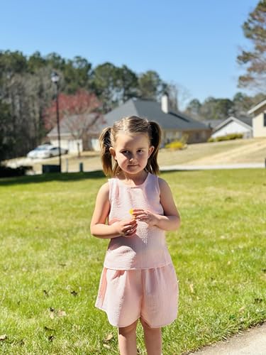 Image of Arshiner Girls Summer 2 Piece Outfit Sleeveless Top and Paperbag Waist Shorts with Pockets Kids Shorts Set Ages 5-13