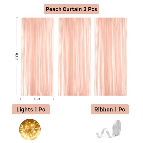 Image of Party Propz Peach Net Curtain for Backdrop Decoration with Light - 5 Pcs Background Decoration Cloth, Birthday Backdrops for Decorations, Anniversary, Festival, Wedding Backdrop Decorations for Home