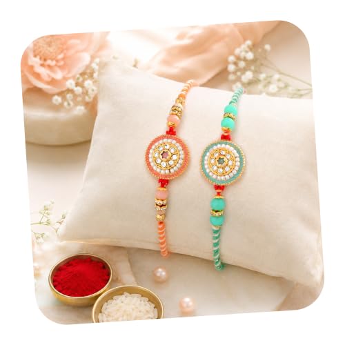 Image of CraftVatika Kundan Rakhi Set for Brother Set of 2, Designer Peacock Rakhi for Brother Boy Men, Premium Kalash Raki for Bhaiya, Traditional Rakshabandhan Rakhis with Best Wishes Card and Tillak Set