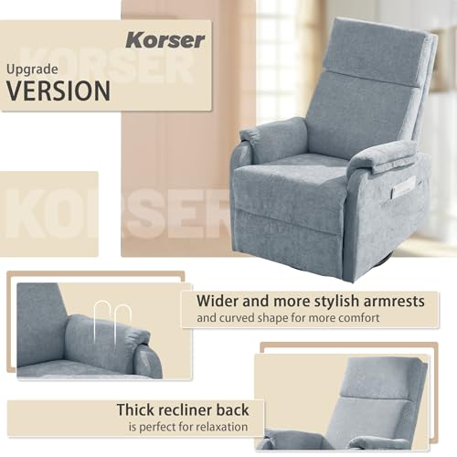 Image of Korser Swivel Rocking Recliner with Massage, Small Glider Chair for Nursery, Modern-Designed Armrests Chair for Adults Living Room, Chenille, Blue