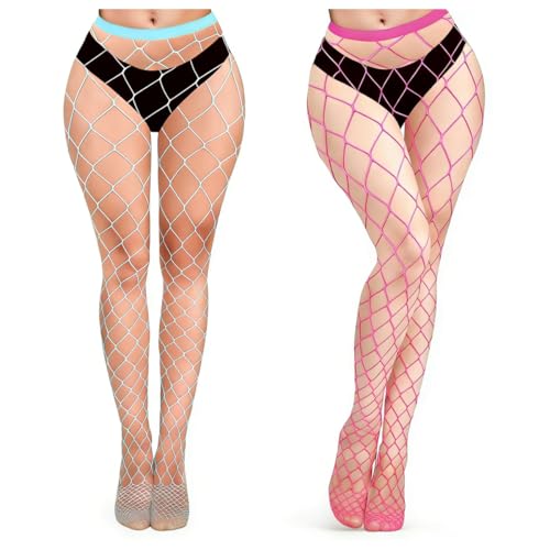 Image of Violet Mist 2 Pack Womens High Waist Fishnet Tights Large Net Fishnets Stockings Colorful Sexy Hollow Out Pantyhose