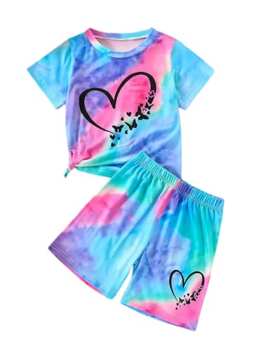Image of Kids Girl Clothes Tie Dye Heart Print Short Sleeve Top and Shorts Toddler Girl Summer Outfits Short Set