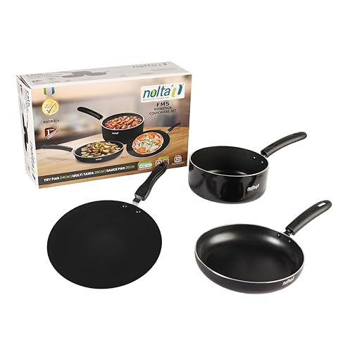 Image of Nolta FMS 3-Piece Cookware Set, ISI Certified, 1yr Replace Guarantee (Fry Pan 24cm + Multi Tawa 26cm + Sauce Pan 20cm) Premium Non Stick Coating PFOA Free Kitchen Collection