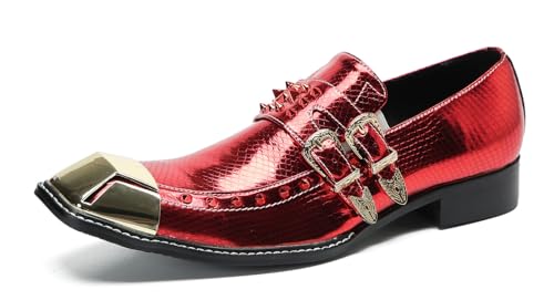Santimon Men's Slip On Penny Loafers - Genuine Leather Dress Casual Western Shoes with Metal-Square Toe & Beaded Buckles for Wedding & Tuxedo Party