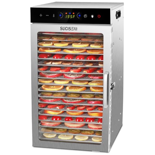 SUCISENI Food Dehydrator Machine 1000W 18 Trays Stainless Steel Commercial Food Dehydrated Dryer with 24H Timer Touch-Control LED Display, Compact Size for Home Jerky Herbs Meat Beef Fruit Vegetables