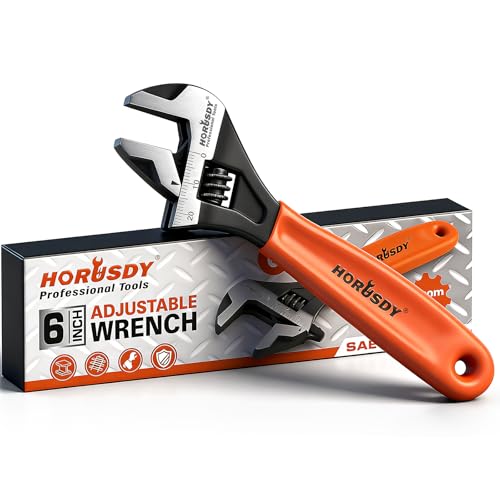 HORUSDY 6 Adjustable Wrench Pipe Spanner: Wide Jaw Black Oxide Wrench With Cushion Grip Laser Marked Metric & SAE Scales CR-V Steel for Professionals