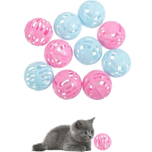 POPETPOP 10 Pcs Cat Toy Ball with Bell: Plastic Kitten Chase Toys, Interactive Pounce Rattle Ball for Indoor Cat Kitten Exercise and Play (Blue, Pink)