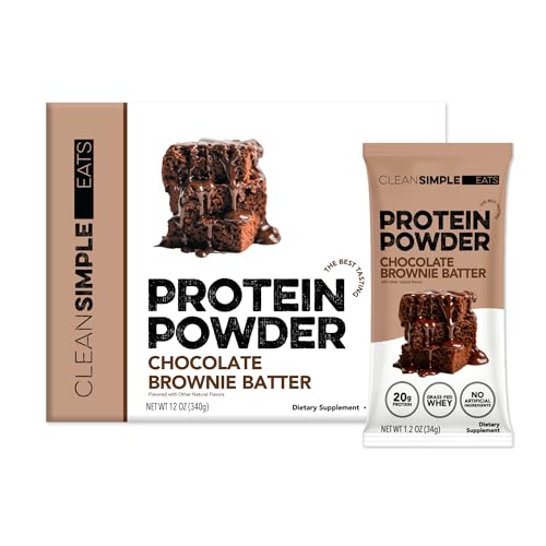 Clean Simple Eats Whey Isolate Protein Powder Brownie Batter Naturally Sweetened Zero Added Sugar 20g 100% Grass Fed Protein Powder with Digestive Enzymes Gluten Free Non GMO 10 Stick Packs